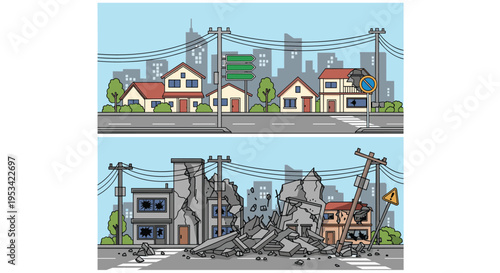 Educational illustration comparing a peaceful residential street with a scene of destruction following a major earthquake or disaster.