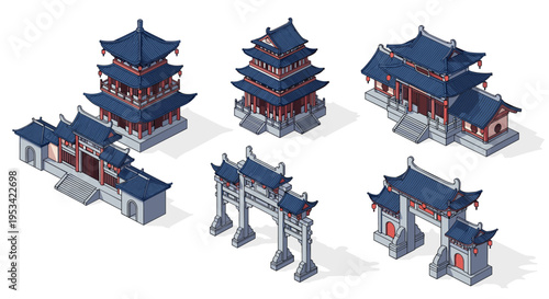 Detailed isometric collection of traditional east asian architectural structures including pagodas, pavilions, and temple gates.
