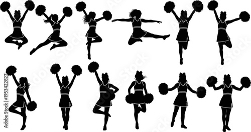 set of cheerleaders in various poses with pom poms in silhouette on white background