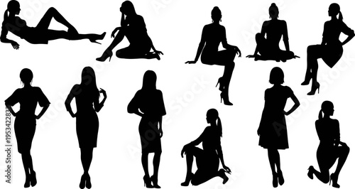 collection of black silhouettes of women in various poses and outfits on white background