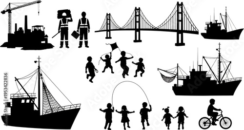 Collection of various silhouettes of people and transportation vehicles on white background