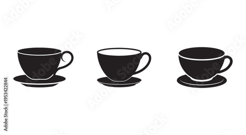 Three black coffee cups on saucers side by side on white background  tea cups with handles and plates
