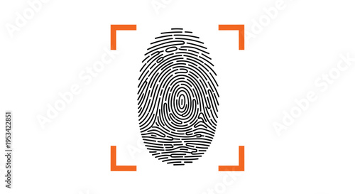 High-tech biometric security illustration showing a detailed fingerprint scan within an orange viewfinder on a white background.