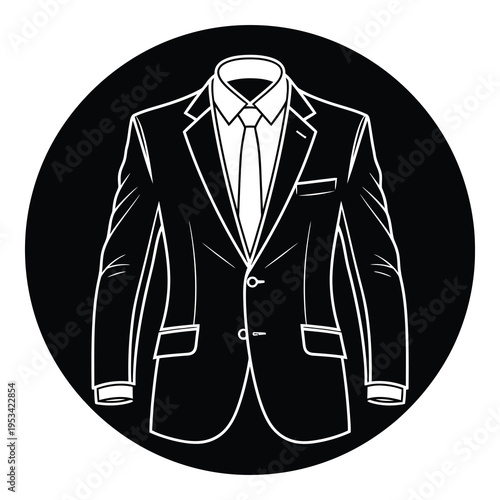 Business suit jacket and shirt with tie illustration in white on circular black background icon