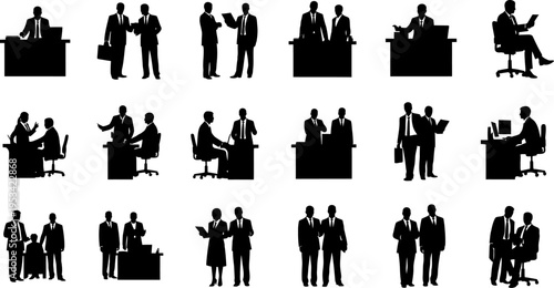 Black silhouettes of business people working and interacting in various office settings on white background