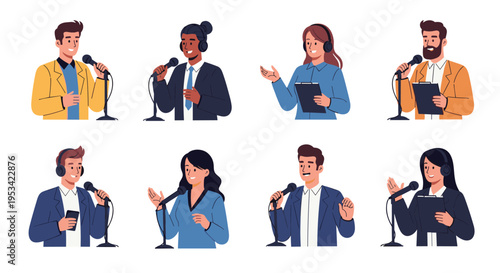 Diverse set of people in professional attire speaking into microphones, representing public speaking, news reporting, or podcasting.