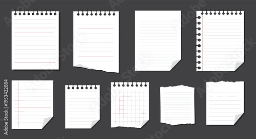 Comprehensive set of various blank note paper styles including lined, squared, torn edges, and spiral-bound notebook pages.