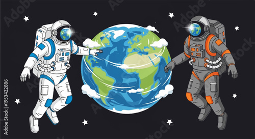 Astronauts in space holding earth representing global unity and exploration in cosmos