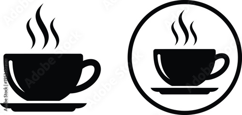 Two black coffee cup icons with steam rising on white background