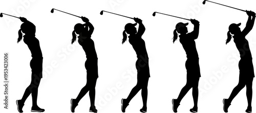 silhouette of a woman playing golf in different swing positions with golf club