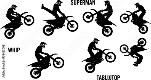 Silhouettes of motorcyclists performing stunts on dirt bikes  various acrobatic maneuvers