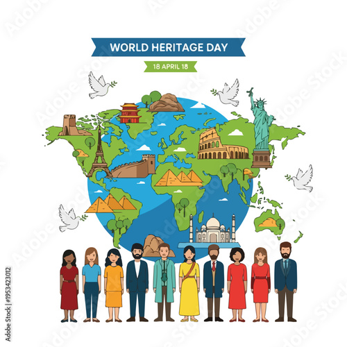 World Heritage Day celebration illustration featuring globe, landmarks, and diverse people