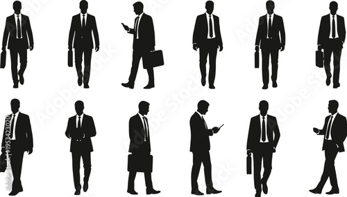 Collection of businessmen in various poses on white background