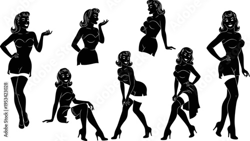 Set of seven pinup girl silhouettes in various poses and outfits in black color
