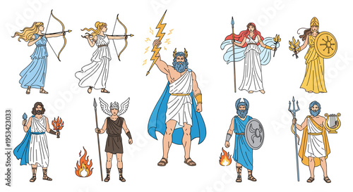 Olympian gods and goddesses from Greek mythology depicted with traditional symbols including Zeus, Hera, Poseidon, and Athena.