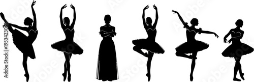 set of black silhouettes of female ballet dancers in various poses on white background