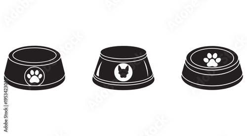 Three black dog bowls with white paw and animal face designs on a white background  pet food containers