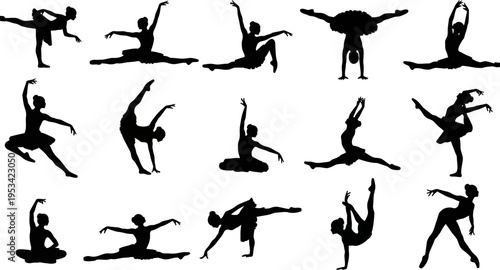 set of silhouettes of women in various yoga and dance poses on white background