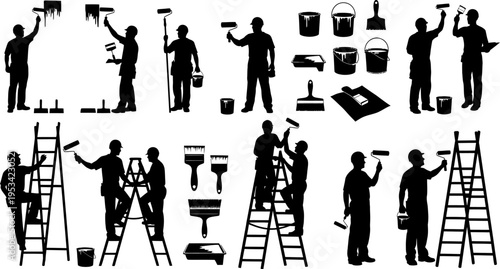 Silhouette of various people painting walls with rollers and brushes  isolated on white background