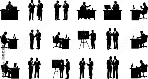 Collection of business people working and interacting in office settings in black silhouette on white background