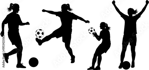 Four female soccer players in different poses with soccer balls isolated on white background