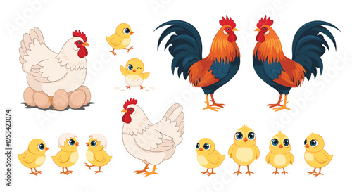 Collection of farm birds featuring hens with eggs, colorful roosters, and cute yellow chicks in a variety of poses and groups.