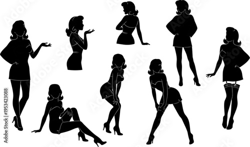 set of silhouettes of women in various poses and outfits isolated on white background