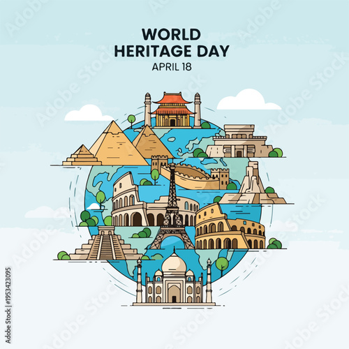 World Heritage Day graphic, featuring iconic landmarks around a globe