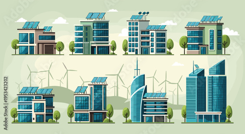Eco-friendly urban landscape featuring modern glass buildings with rooftop solar panels and wind turbines in the background.
