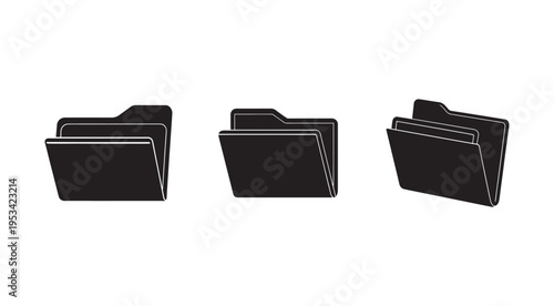 Three black file folders icons in different angles on white background  office organization documents symbol