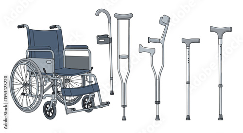 Collection of mobility assistance equipment featuring a manual wheelchair, various crutches, and several styles of walking sticks.