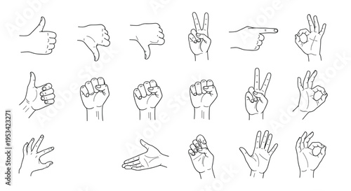 Comprehensive set of human hand gestures shown in black and white line drawings including thumbs up, point, and peace signs.
