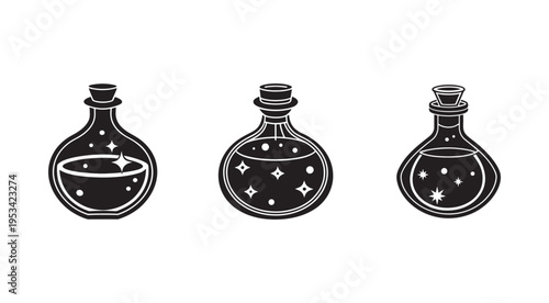 Three black glass bottles with white outlines and starry designs on white background  no text