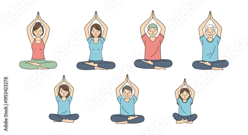 Group of diverse people from different generations practicing yoga and meditation in the lotus position with hands together.