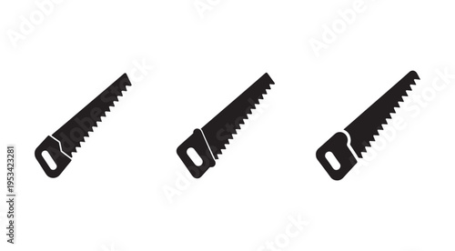 Three black hand saws with handles on white background for cutting wood  tools for carpentry and DIY projects