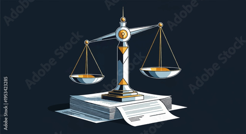 Law scales on stack of papers and documents symbolizing justice and balance in legal system with gold accents on dark background