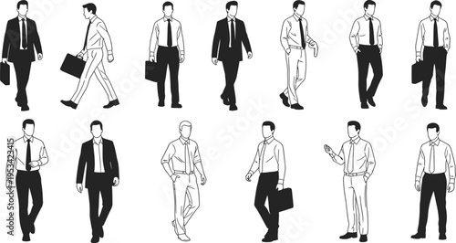 Collection of various businessmen in different poses and outfits walking or standing with briefcases