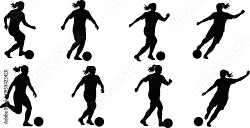 set of female soccer player silhouettes in various kicking and running poses with a ball