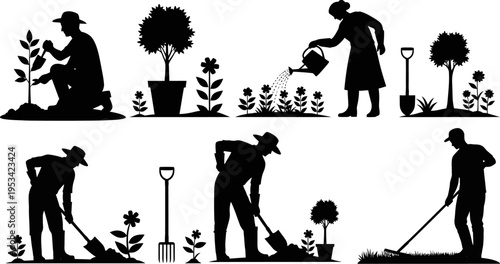 Silhouette illustrations of people gardening and landscaping with various tools and plants