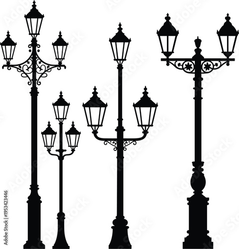 Vintage street lamp silhouettes vector set, classic ornate lantern posts for urban city illustration design