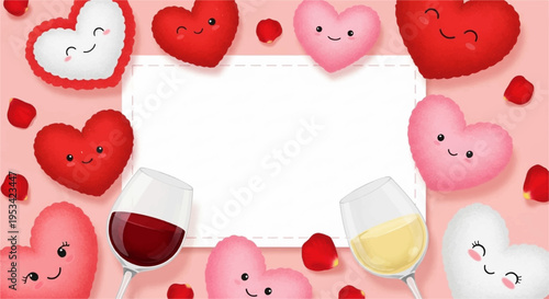 Valentine's day celebration with wine glasses and smiling hearts on pink background for love and romance