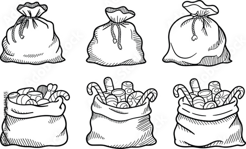 Christmas gift sack vector set, Santa bags with presents candy holiday festive illustration collection