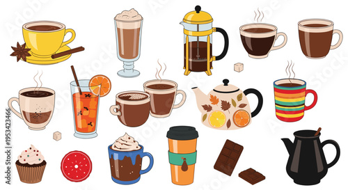Delightful collection of various hot beverages including coffee, tea, hot chocolate, and garnishes shown in different cups.