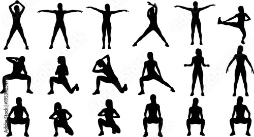 collection of black silhouettes of people in various stretching poses and exercises on white background