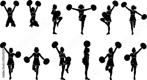 set of cheerleaders in various poses with pom poms isolated on white background