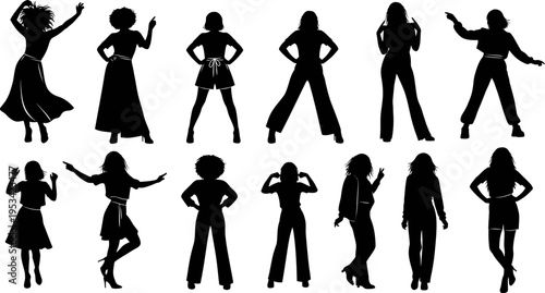 set of silhouettes of women in various dance poses and outfits on white background