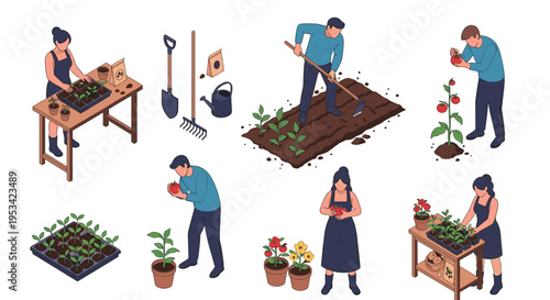 Diverse group of people engaged in gardening activities including planting seeds, hoeing soil, and harvesting fresh vegetables.