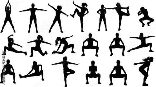 collection of people exercising and stretching in various yoga poses and movements on white background