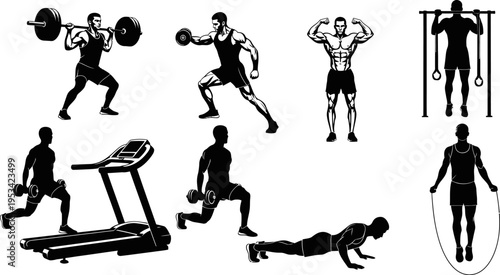 black silhouette illustrations of men exercising with various equipment and performing fitness routines