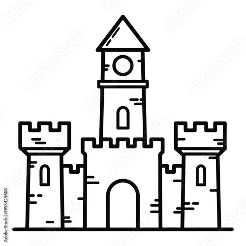 Sand castle with three towers and a gate  beach vacation symbol icon